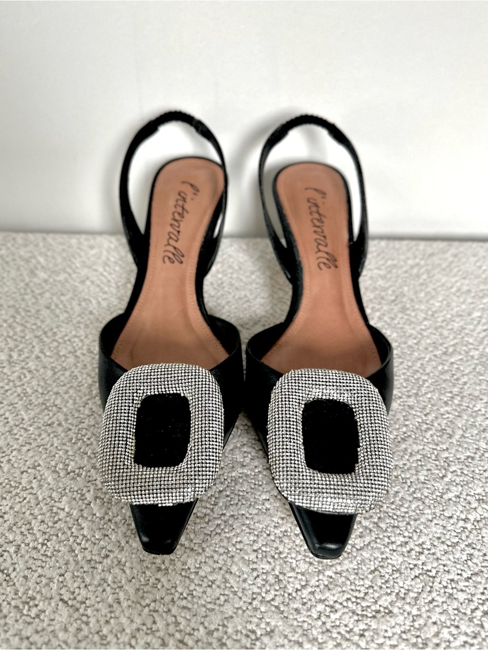 L’intervalle Women’s Black Slingback Pointed-Toe Heels with Crystal Buckle - Picture 2 of 12
